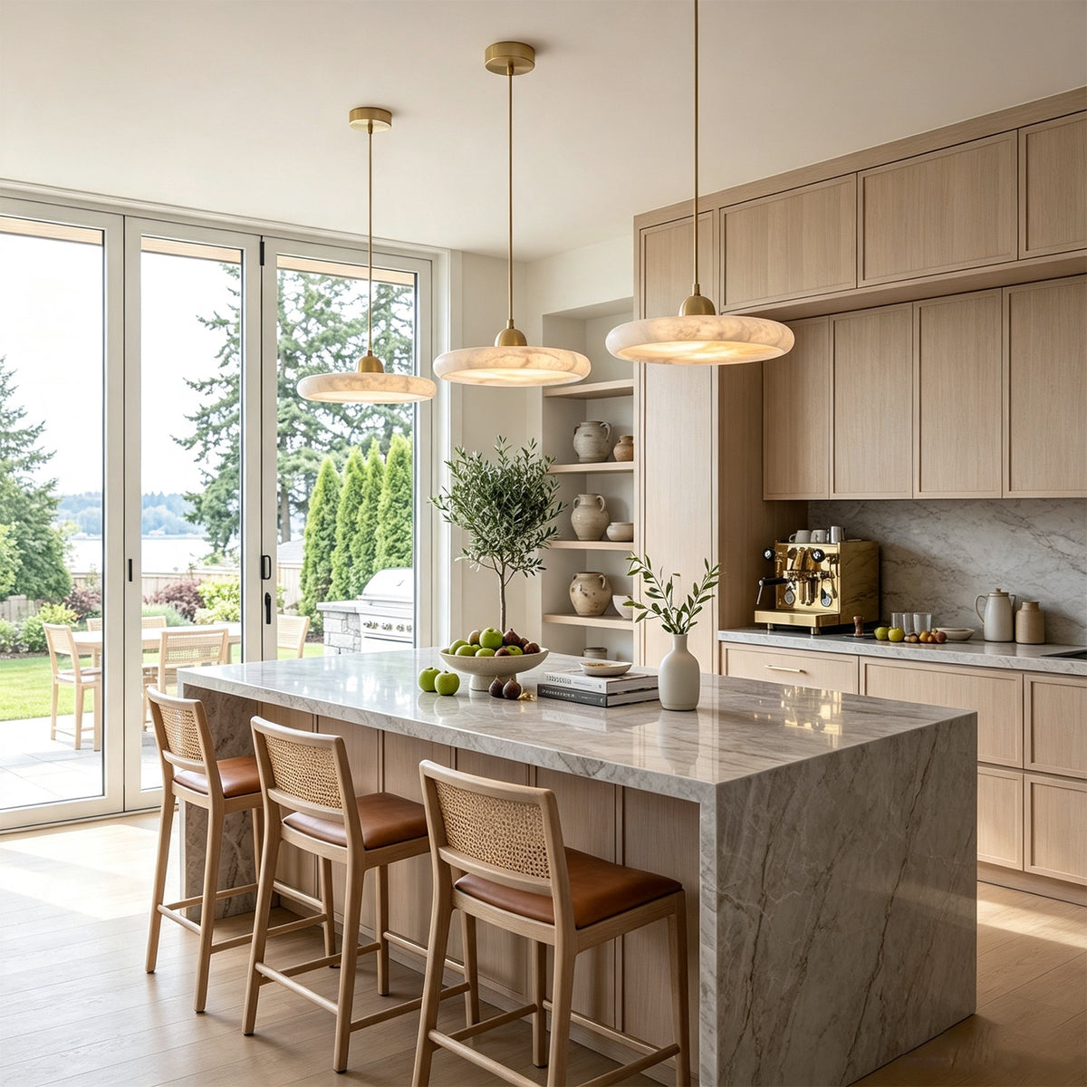 Sabine Alabaster Disc Pendant Light | Natural Alabaster and Brass | Hanging in pairs above a kitchen island with wooden stools | Severn Lighting