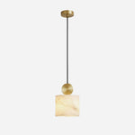 Sabine Alabaster Drum Pendant Light | Natural Alabaster and Brass | Full product view isolated on a pure white background showcasing the cylindrical stone shade and gold accents | Severn Lighting