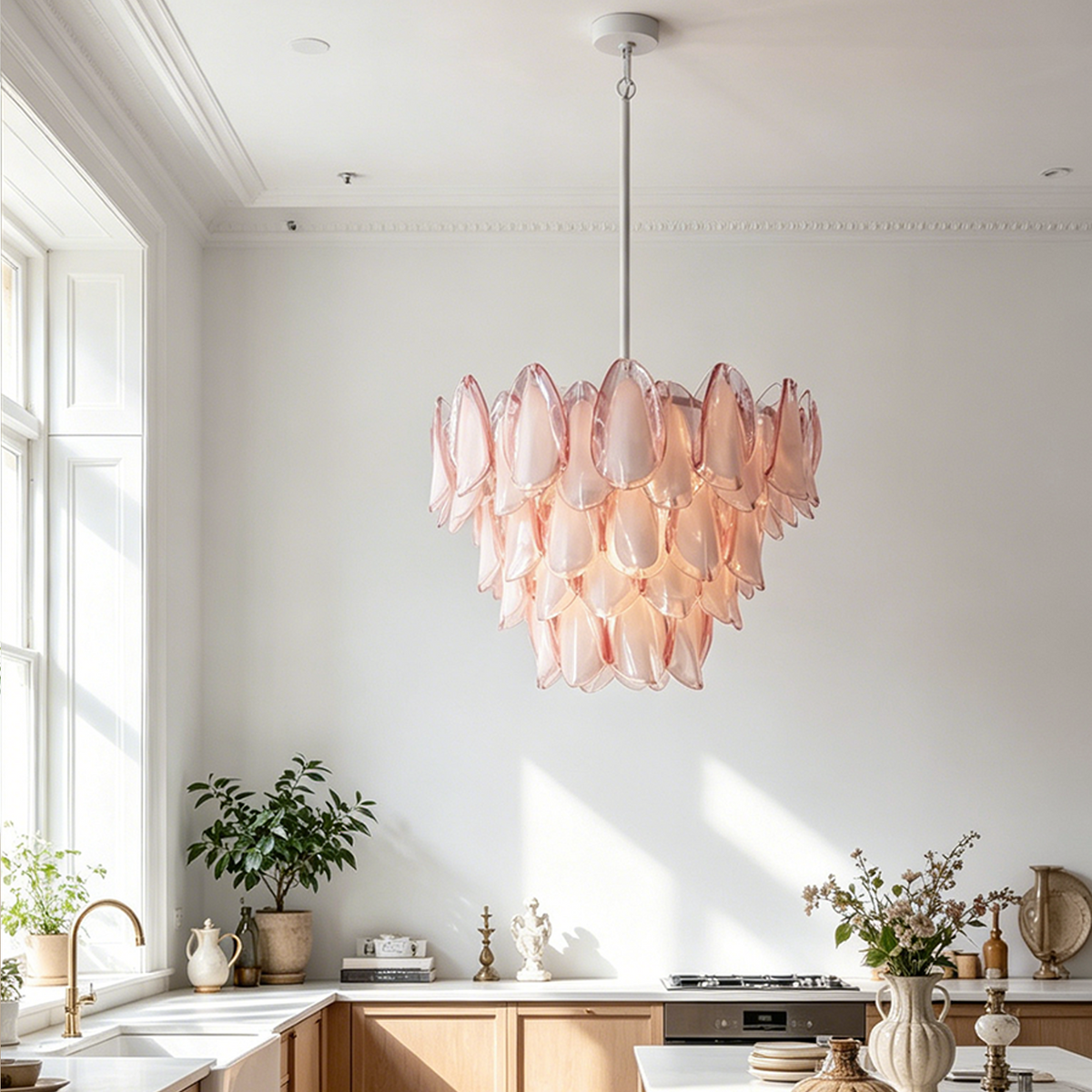 Seraphina Rose Glass Petal Chandelier | Glass, Metal | Hanging in a bright open-concept kitchen and dining area, diffusing soft warm light against clean white walls | Severn Lighting