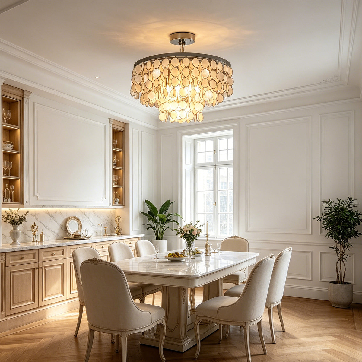 Sirena Capiz Disc Tiered Ceiling Light | Shell, Metal | Installed on the ceiling of an elegant formal dining room above a classic white dining set | Samu Lamp