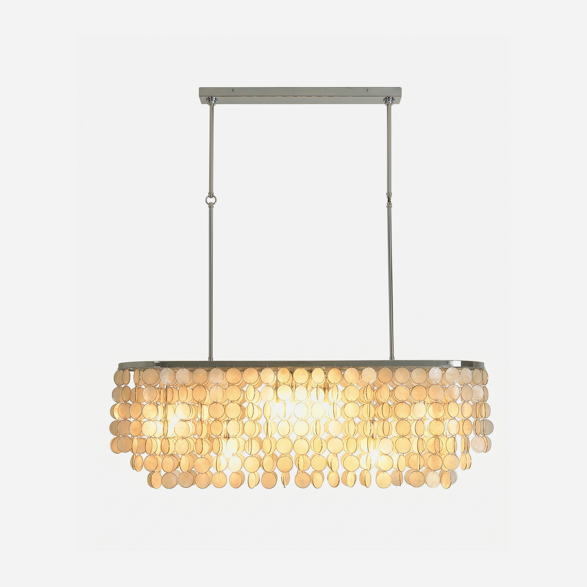 Sirena Capiz Elongated Linear Chandelier | Capiz Shell, Metal | Elongated rectangular linear chandelier with overlapping translucent capiz shell discs and chrome suspension rods | Isolated lit product shot on white background | Samu Lamp