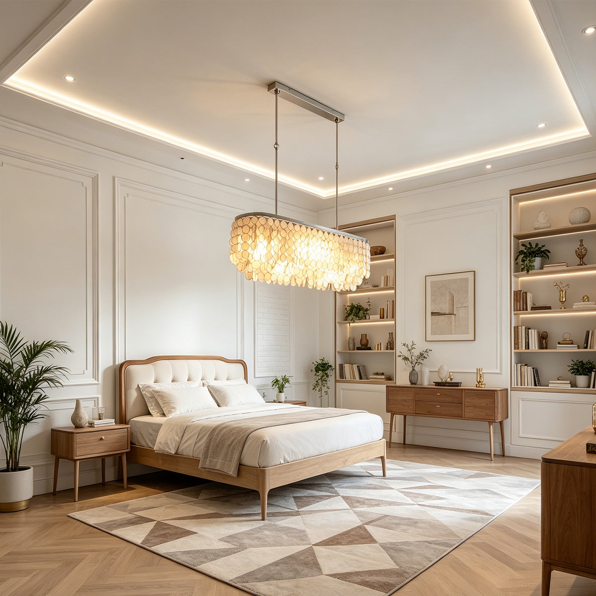 Sirena Capiz Elongated Linear Chandelier | Capiz Shell, Metal | Installed as central ambient lighting in a large, light-filled bedroom with a neutral upholstered bed | Samu Lamp Sirena Capiz