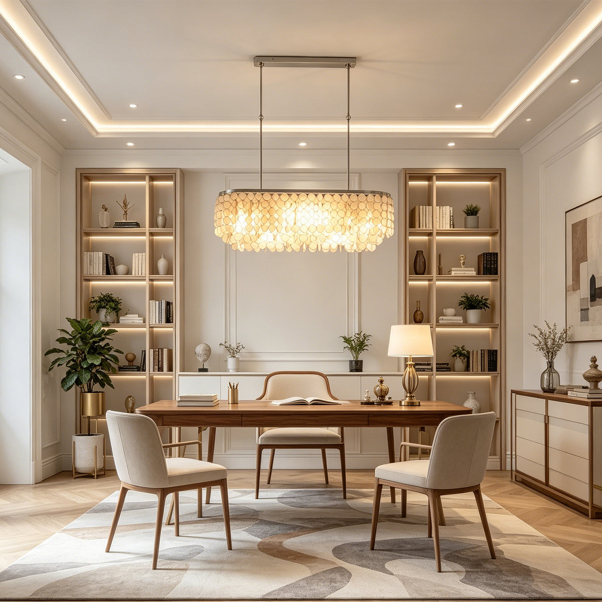 Sirena Capiz Elongated Linear Chandelier | Capiz Shell, Metal | Suspended above a long wooden table in an elegant multi-functional room with floor-to-ceiling built-in bookcases | Samu Lamp
