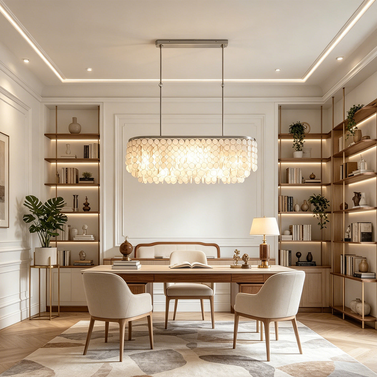 Sirena Capiz Elongated Linear Chandelier | Capiz Shell, Metal | Hanging as central lighting over an executive wooden workspace setup in a traditional-style library room | Samu Lamp Sirena Capiz
