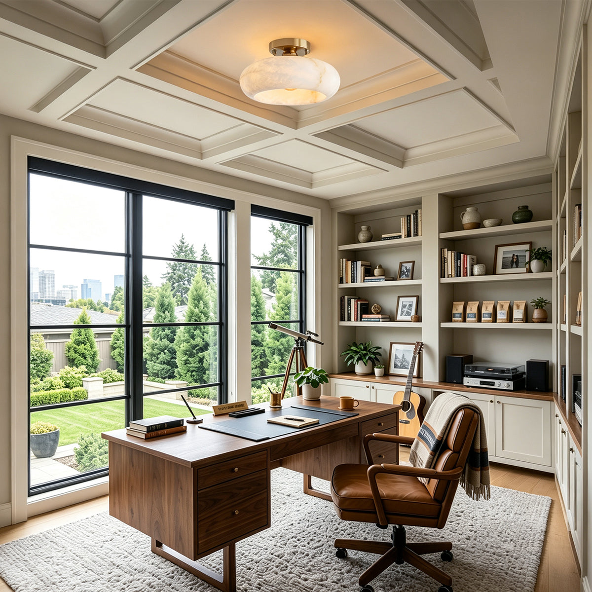 Solaine Alabaster Dome Ceiling Light | Natural Alabaster and Brass | Displayed on the ceiling of a luxury home office space | Severn Lighting