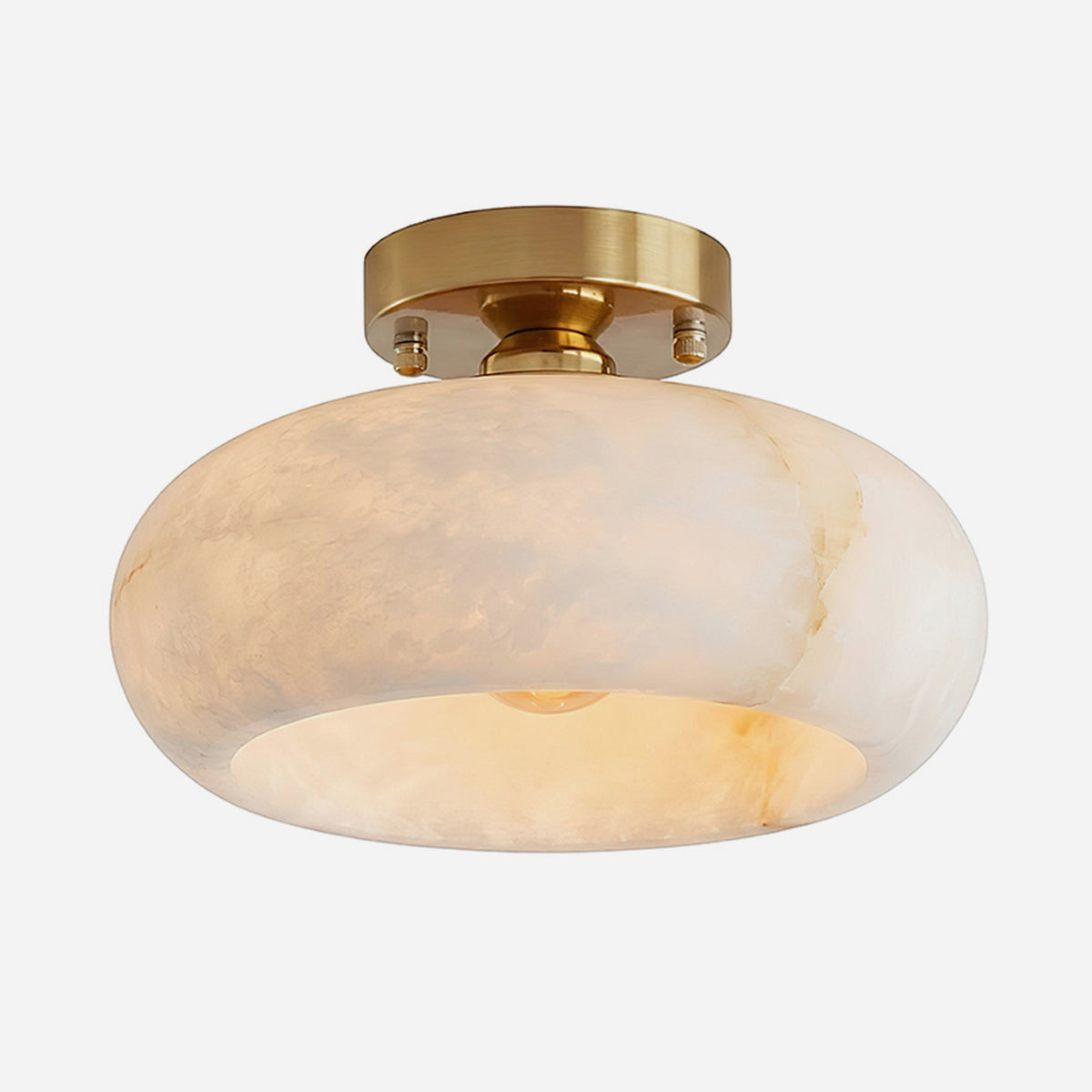 Solaine Alabaster Dome Ceiling Light | Natural Alabaster and Brass | Front full view on a pure white background, illuminated | Severn Lighting