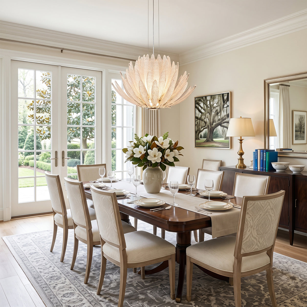 Solaris Agave Glass Starburst Chandelier | Amber Textured Glass | Suspended over a long wooden dining table surrounded by cream upholstered chairs | Severn Lighting