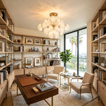 Solene Clustered Glass Disc Ceiling Light | Clear and Frosted Glass Discs | Styled in a luxury home library room filled with floor-to-ceiling wooden bookshelves | Severn Lighting