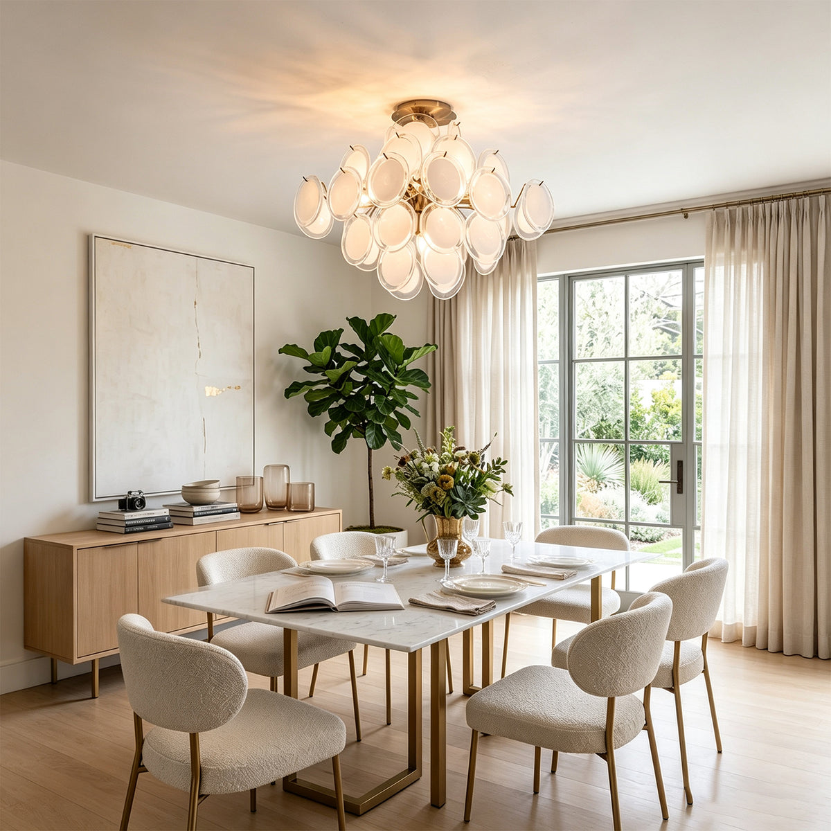 Solene Clustered Glass Disc Ceiling Light | Clear and Frosted Glass Discs | Illuminating an elegant dining room set with a wooden credenza and a large indoor plant | Severn Lighting