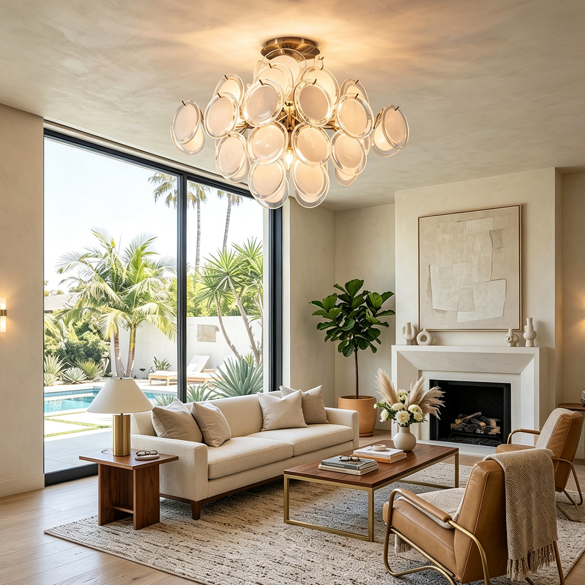 Solene Clustered Glass Disc Ceiling Light | Clear and Frosted Glass Discs | Casting a warm glow in a bright living room featuring a fireplace and a pool view window | Severn Lighting