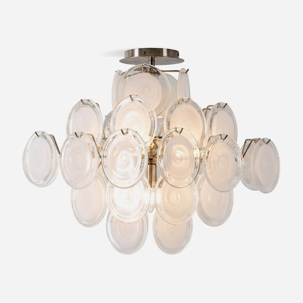 Solene Clustered Glass Disc Ceiling Light | Clear and Frosted Glass Discs | Full studio front shot on a white background showing the dense cluster of illuminated glass plates | Severn Lighting