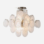 Solene Clustered Glass Disc Ceiling Light | Clear and Frosted Glass Discs | Full studio front shot on a white background showing the dense cluster of illuminated glass plates | Severn Lighting