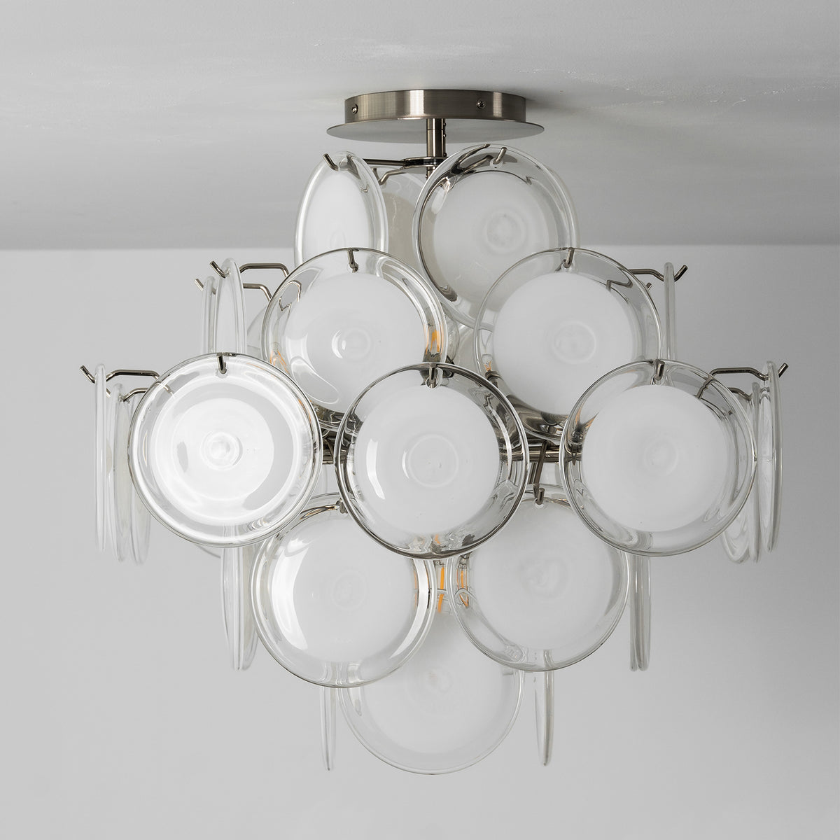 Solene Clustered Glass Disc Ceiling Light | Clear and Frosted Glass Discs | Standard studio view of the unlit multi-layered fixture against a light grey background | Severn Lighting