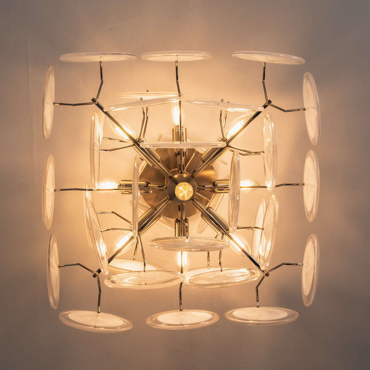 Solene Clustered Glass Disc Ceiling Light | Clear and Frosted Glass Discs | Directly underneath view showcasing the symmetrical geometric metal frame and radial glass pattern | Severn Lighting