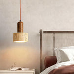 Textured Yellow Travertine Wood Suspension Light