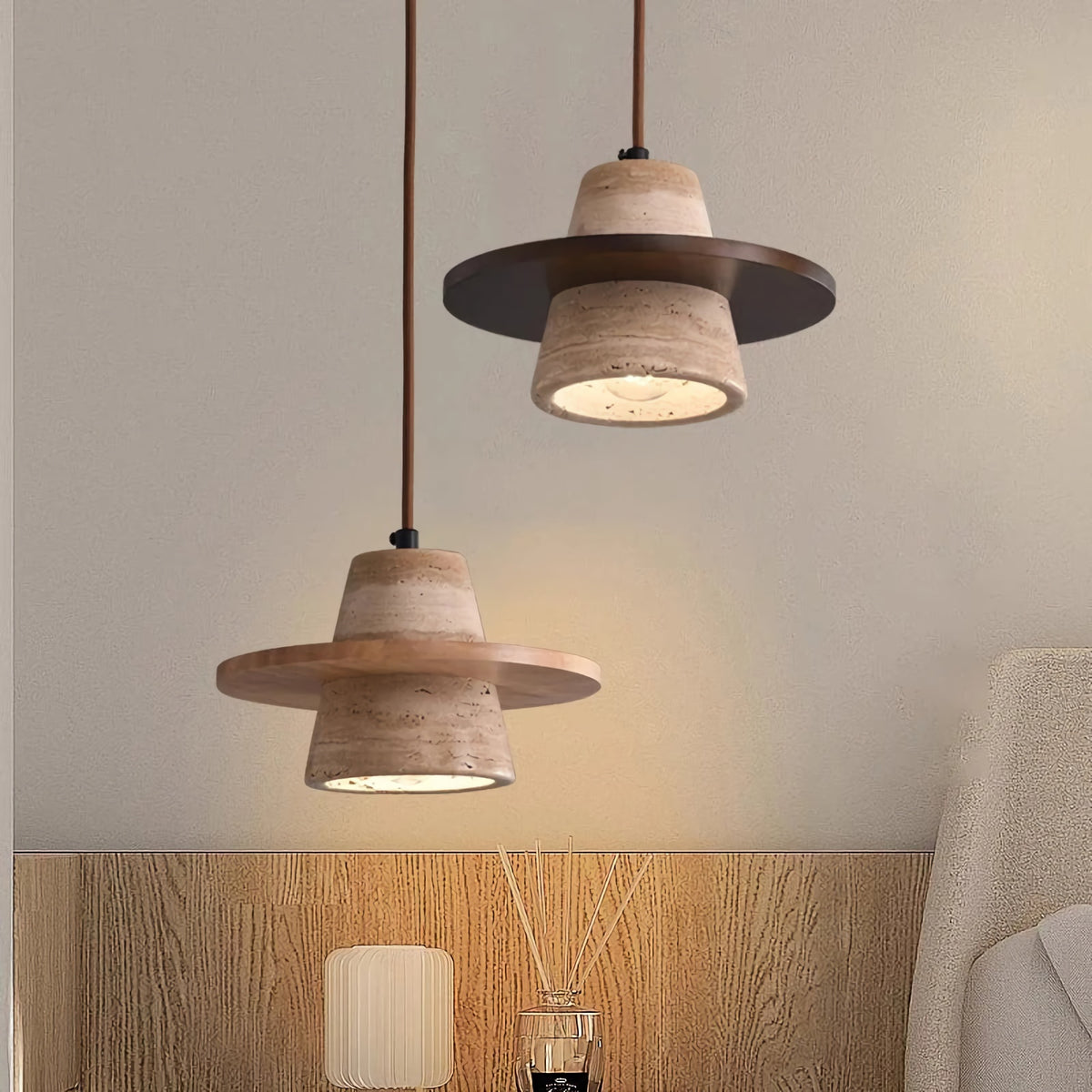 Travertine Medieval Wood Pendant Light