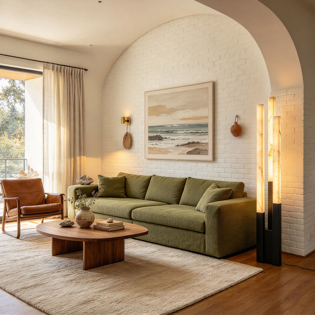 Trelune Column Floor Lamp | Alabaster and Brass | Standing beside dining table in bright dining room | Severn Lighting