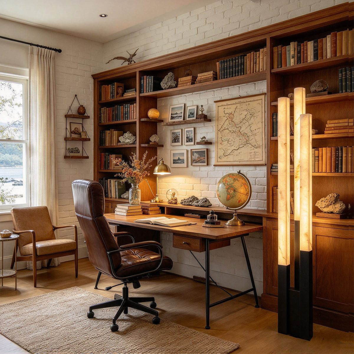 Trelune Column Floor Lamp | Alabaster and Metal | Placed beside sofa beneath brick arch in living room | Severn Lighting