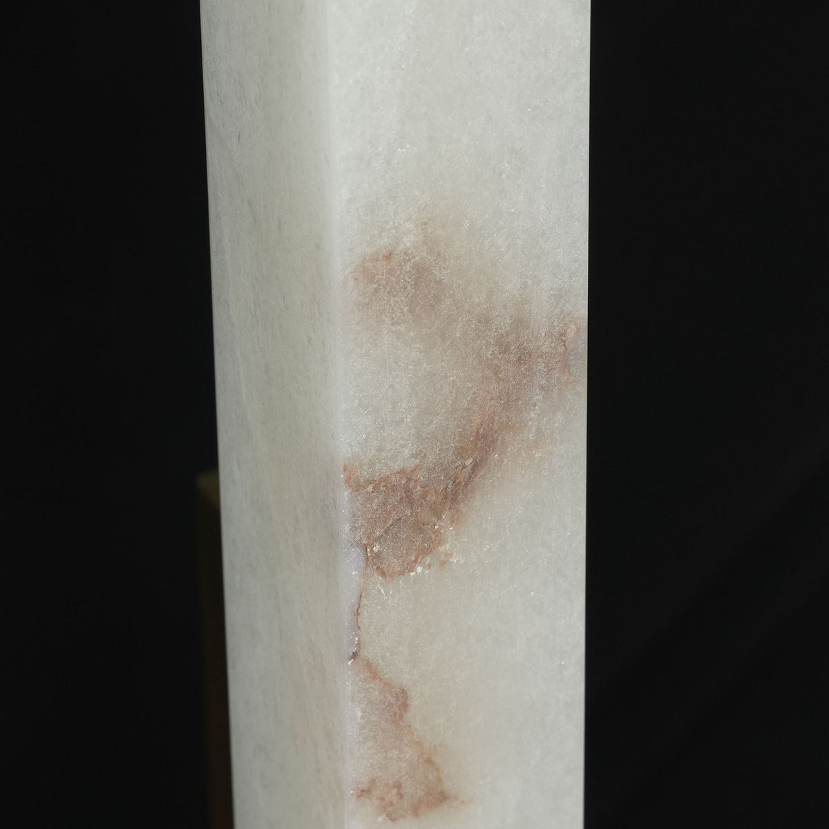 Trelune Column Floor Lamp | Natural Pure Alabaster | Macro detail of mineral veining on white carved stone | Severn Lighting