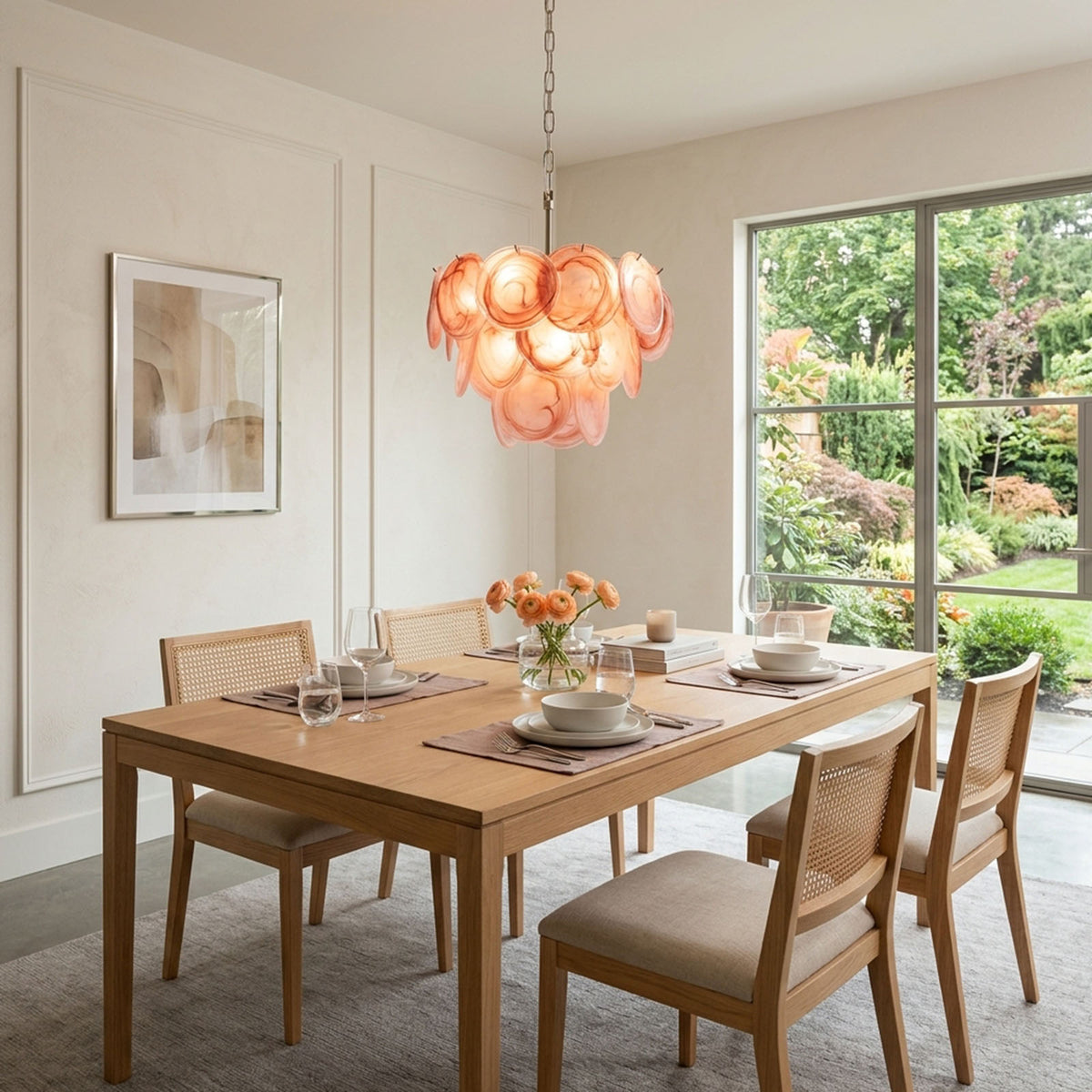 Vaucelle Swirled Glass Disc Tiered Chandelier | Swirled Glass and Brass | Displayed above a wooden dining table in a sunlit dining room | Severn Lighting