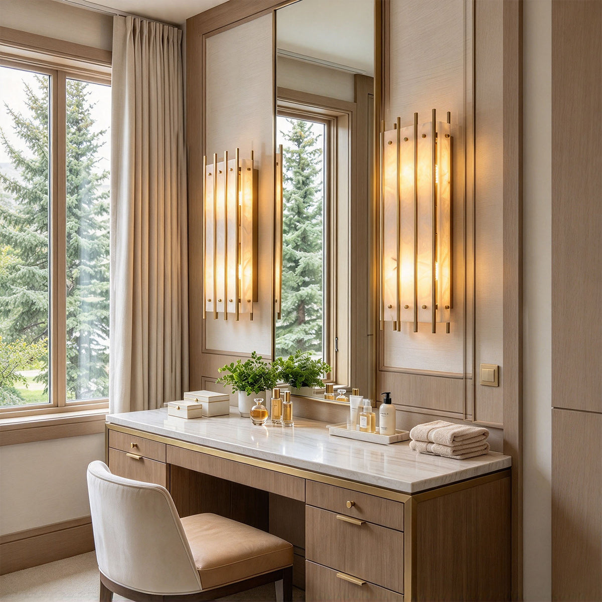 Veraune Bar Wall Sconce | Alabaster and Brass | Symmetrical pair flanking vanity mirror in a dressing room | Severn Lighting