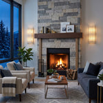 Veraune Bar Wall Sconce | Alabaster and Brass | Symmetrical pair flanking a stone fireplace in living room | Severn Lighting
