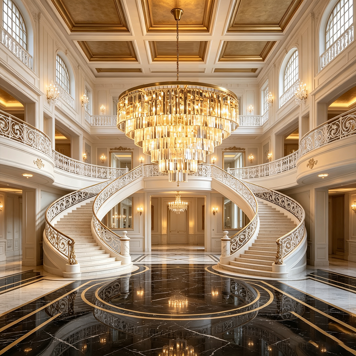Verity Fringed Glass Tier Chandelier | Fringed Glass and Brass | Suspended in a luxurious entryway with double curved staircases | Severn Lighting