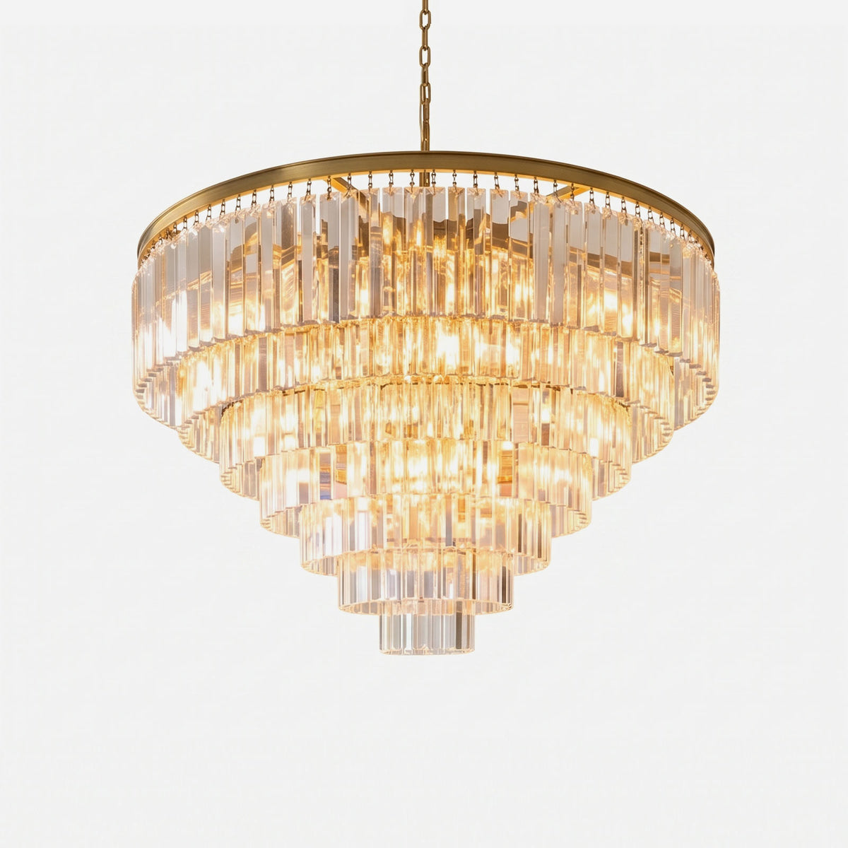 Verity Fringed Glass Tier Chandelier | Fringed Glass and Brass | Front full view on a pure white background, illuminated | Severn Lighting