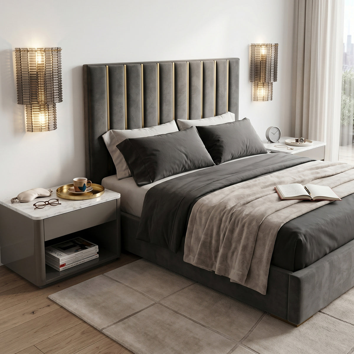 Vespera Tiered Smoky Glass Wall Lamp | Glass, Metal | Symmetrically installed on both sides of a modern channel-tufted grey headboard bed as sleek bedroom reading lights | Severn Lighting