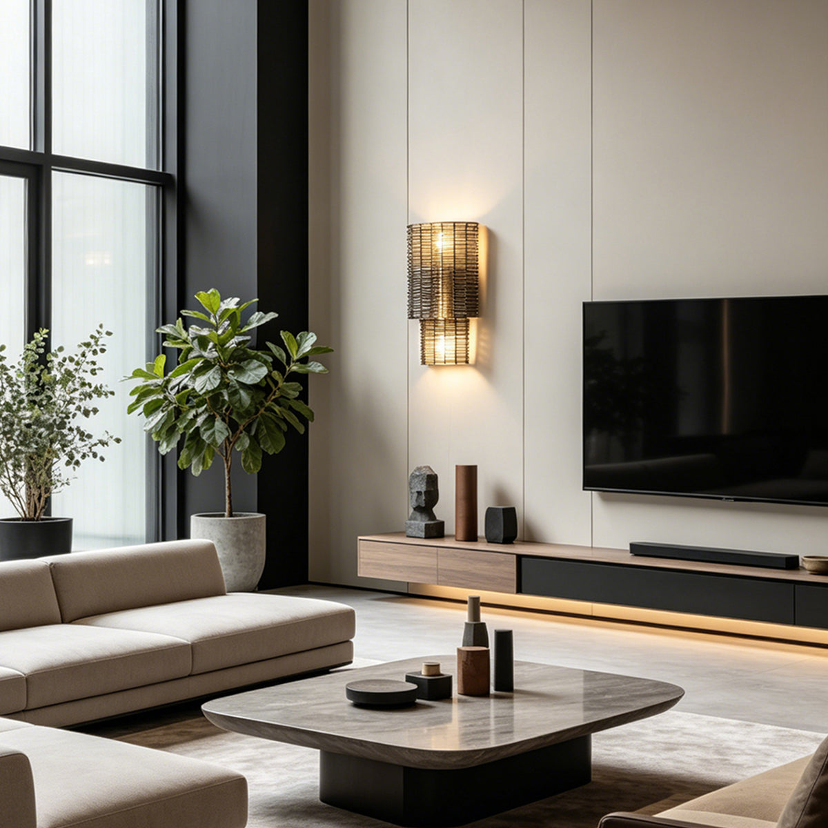 Vespera Tiered Smoky Glass Wall Lamp | Glass, Metal | Featured on a feature wall in a luxurious open-concept living room with a low cream sofa and low wooden coffee table | Severn Lighting