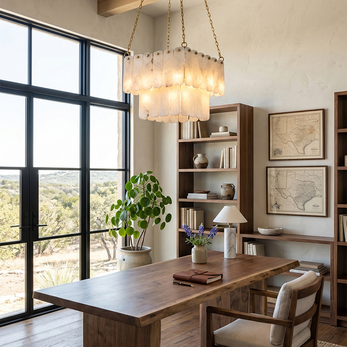 Vivienne Tiered Alabaster Chandelier | Alabaster, Brass | Installed as an elegant statement light over a long solid wood study desk in a refined home library office room | Severn Lighting