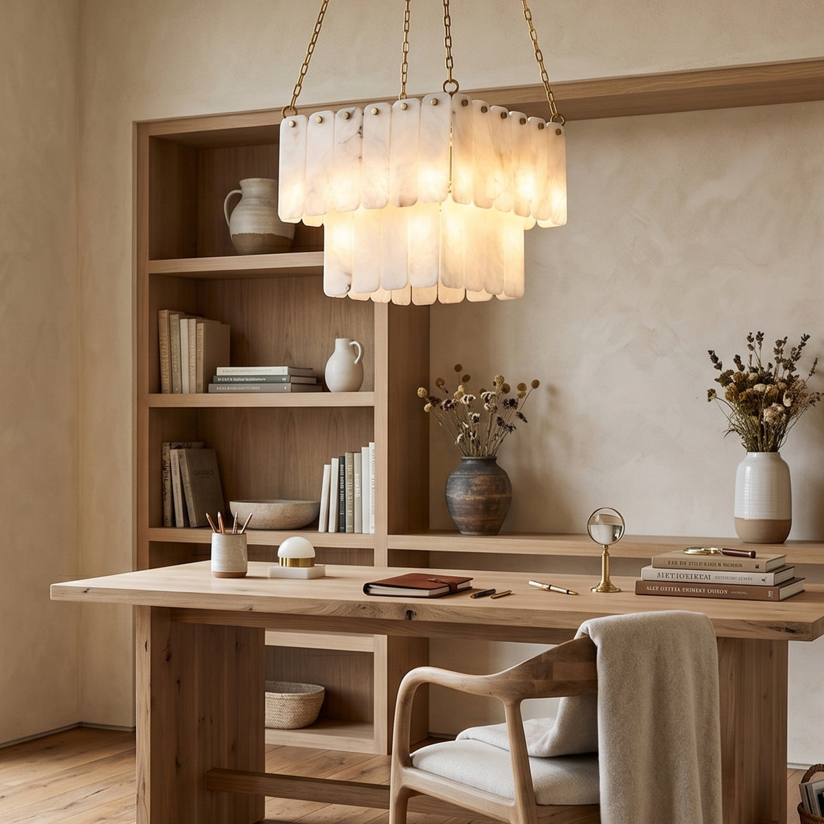 Vivienne Tiered Alabaster Chandelier | Alabaster, Brass | Staged as a luxury overhead light fixture in a minimalist wood-paneled home workspace above a wooden table desk | Severn Lighting