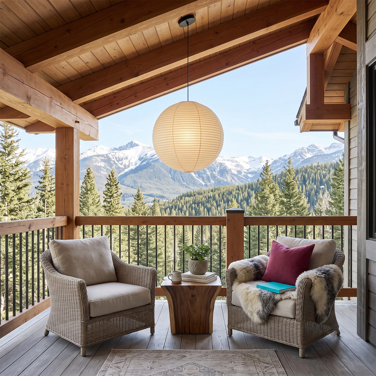 Washi Paper A Pendant Light | Japanese Wabi-Sabi Paper Lantern | Suspended over a cozy outdoor covered balcony lounge with wooden railings and mountain views