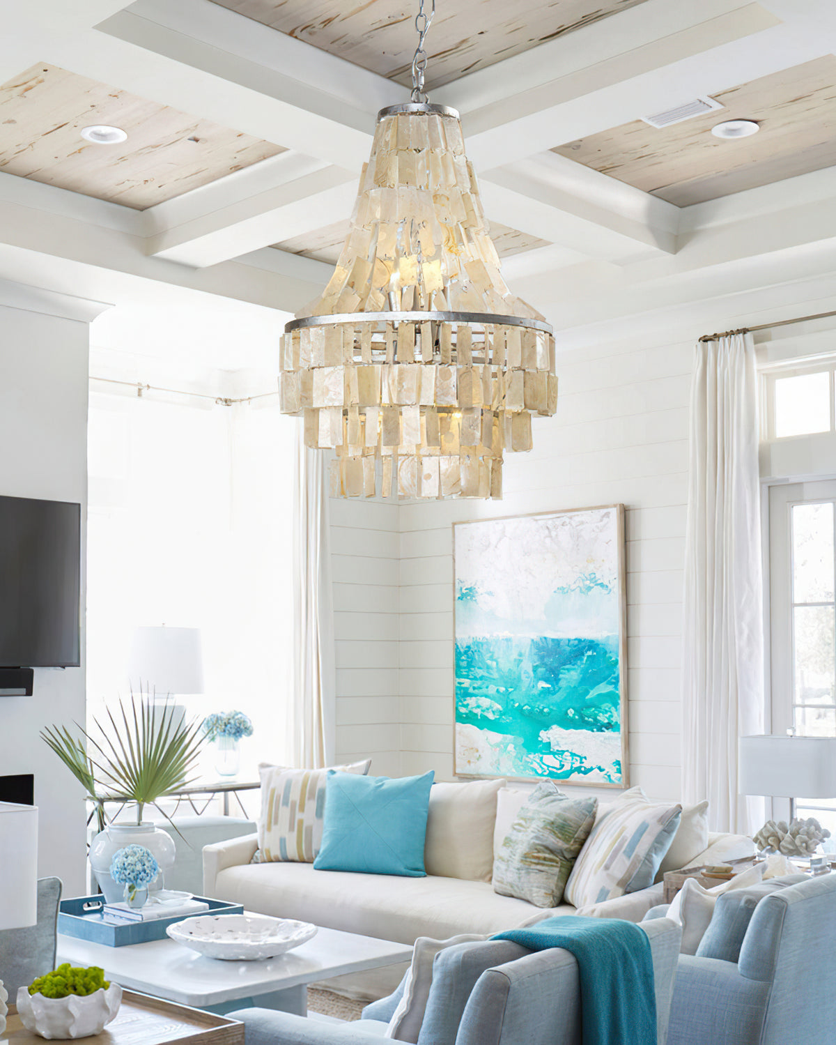 Coastal Beige 6-Light Tiered Capiz Chandelier