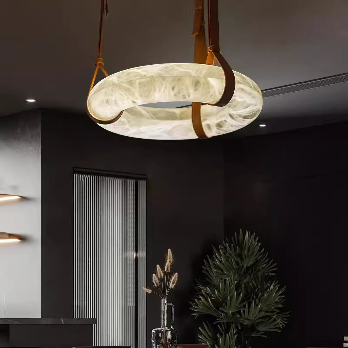 Alabaster Hoop Leather Chandelier