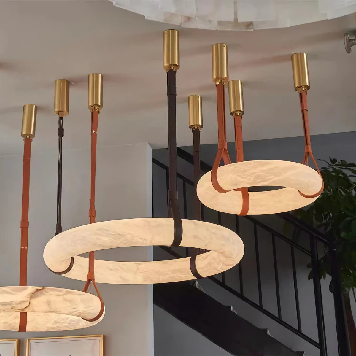 Alabaster Hoop Leather Chandelier