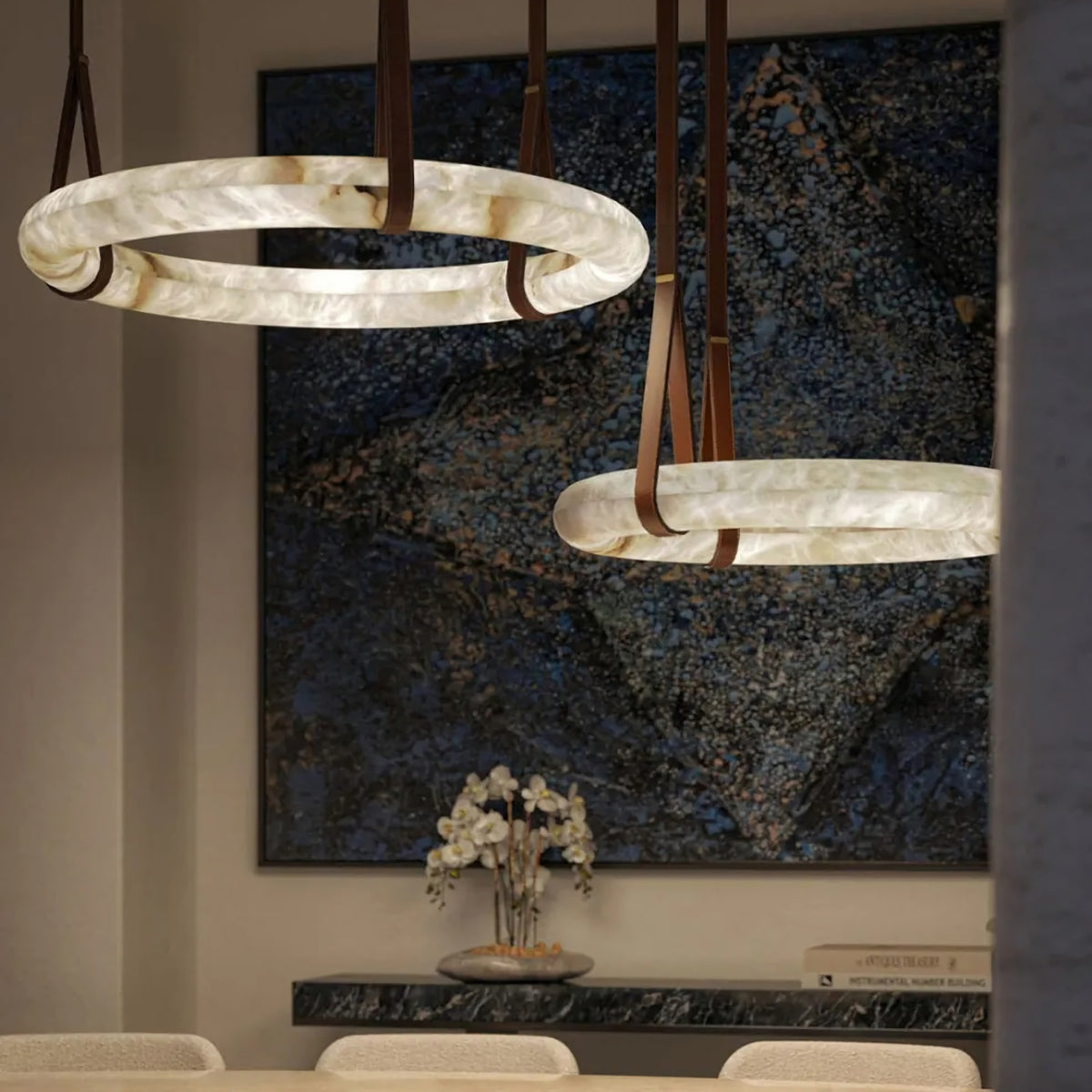 Alabaster Hoop Leather Chandelier