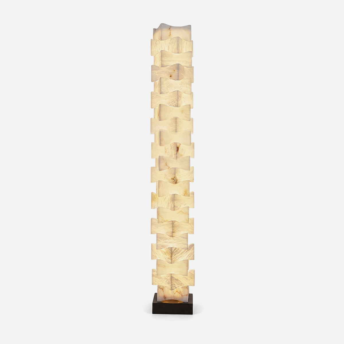 Alden Interlocking Alabaster Column Floor Lamp | Natural Alabaster and Metal | Front full view on a pure white background, illuminated | Severn Lighting