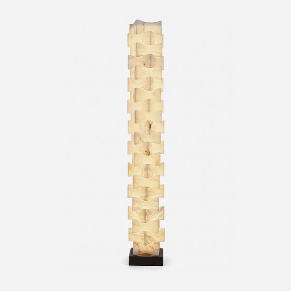 Alden Interlocking Alabaster Column Floor Lamp | Natural Alabaster and Metal | Front full view on a pure white background, illuminated | Severn Lighting
