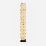Alden Interlocking Alabaster Column Floor Lamp | Natural Alabaster and Metal | Front full view on a pure white background, illuminated | Severn Lighting
