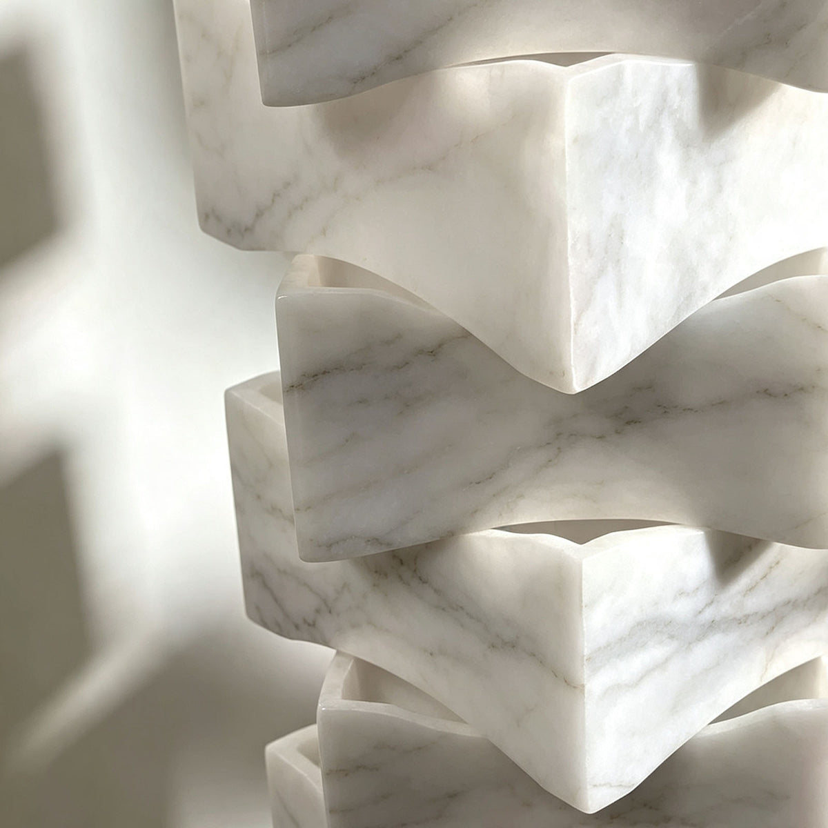 Alden Interlocking Alabaster Column Floor Lamp | Natural Alabaster and Metal | Close-up detail showing the natural stone grain and texture | Severn Lighting