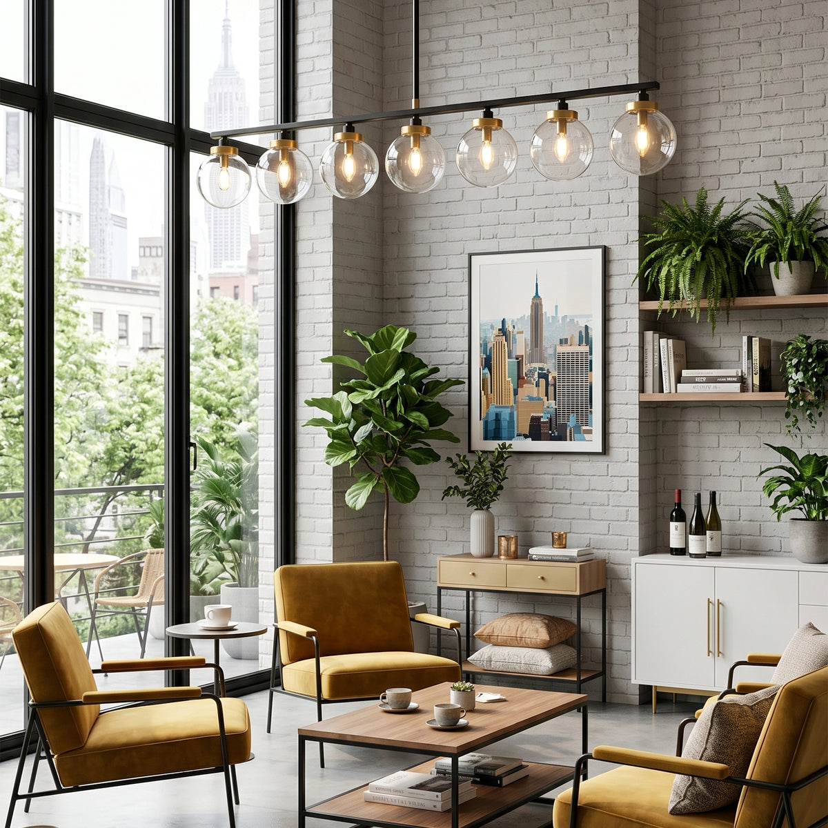 Alistair Linear Glass Globe Chandelier | Living Room Light | Suspended in a contemporary open-concept loft lounge area above plush tan leather armchairs and a modern coffee table | Severn Lighting