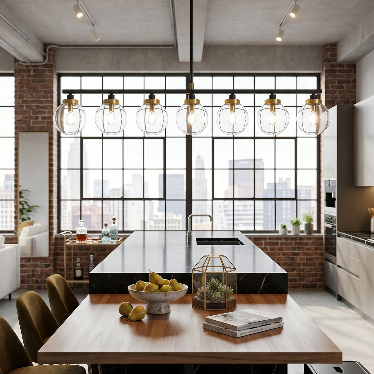 Alistair Linear Glass Globe Chandelier | Industrial Dining Light | Staged over a rustic wood kitchen island counter facing large industrial grid windows in a bright loft apartment | Severn Lighting