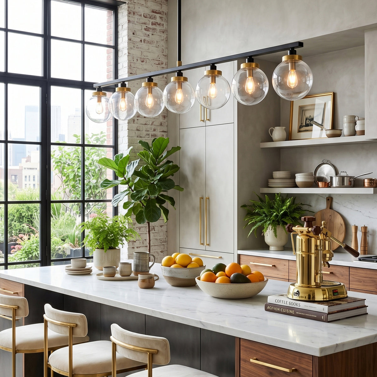 Alistair Linear Glass Globe Chandelier | Kitchen Island Lighting | Hanging elegantly in a modern industrial kitchen space, casting a warm glow over a marble countertop and wooden barstools | Severn Lighting