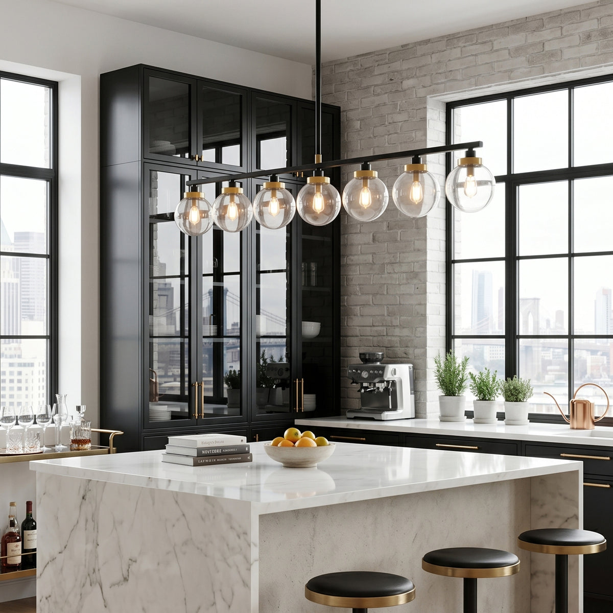 Alistair Linear Glass Globe Chandelier | Modern Kitchen Lighting | Staged over a luxurious white marble waterfall island with sleek black barstools in a minimalist home layout | Severn Lighting