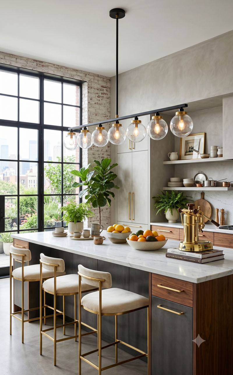 Linear glass globe chandelier over a kitchen island