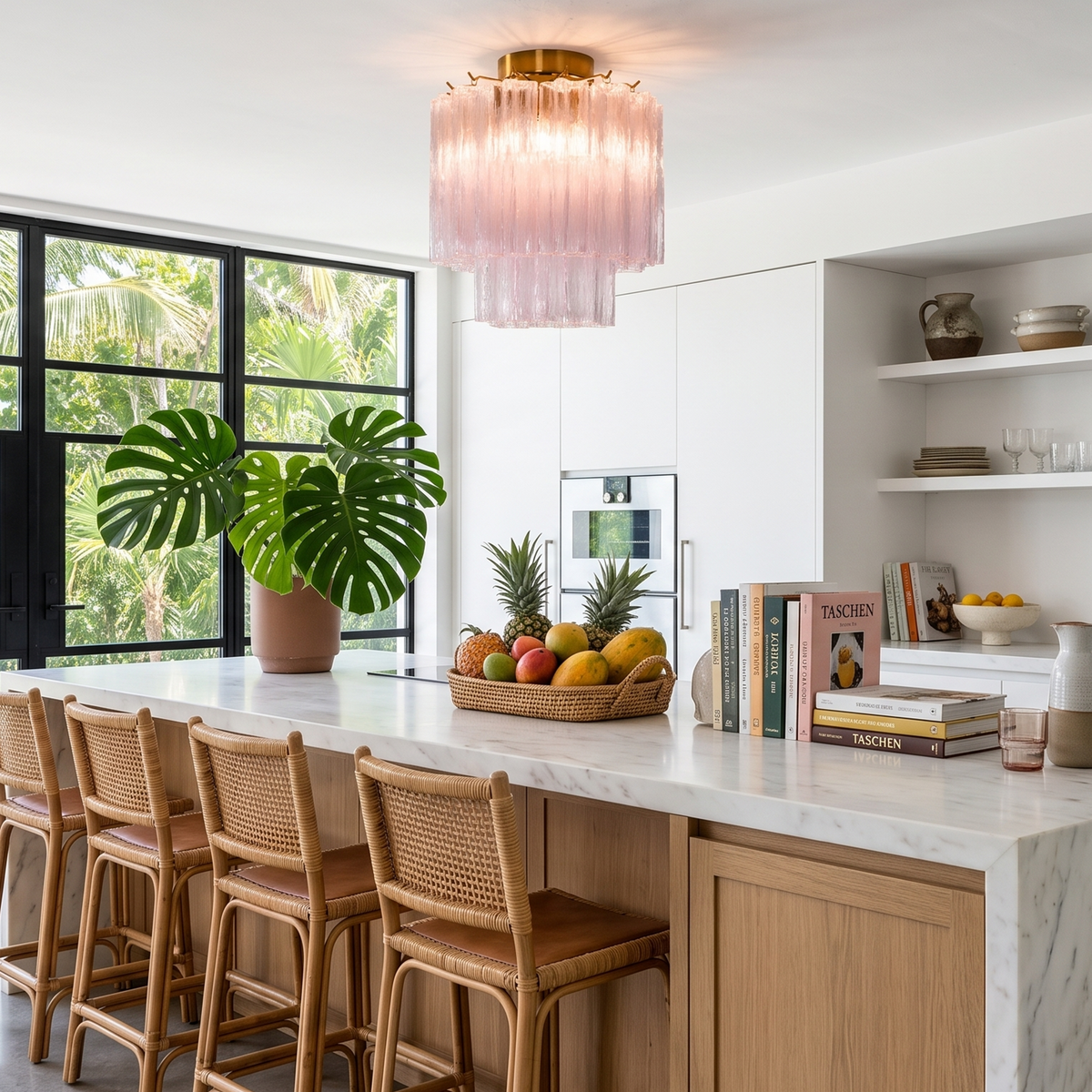 Amabel Dazzling Pink Glass Ceiling Light | Pink Glass and Brass | Installed over a kitchen island with wooden bar stools in a bright room | Severn Lighting