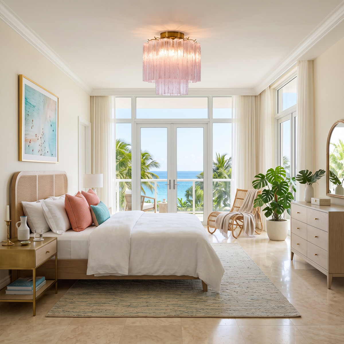 Amabel Dazzling Pink Glass Ceiling Light | Pink Glass and Brass | Illuminating a bright coastal bedroom with ocean views and plush bed | Severn Lighting