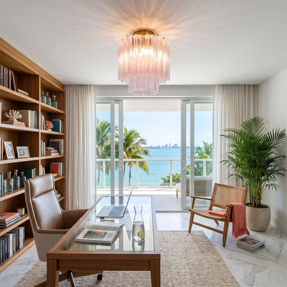 Amabel Dazzling Pink Glass Ceiling Light | Pink Glass and Brass | Installed in a bright home office with wooden desk and ocean view | Severn Lighting
