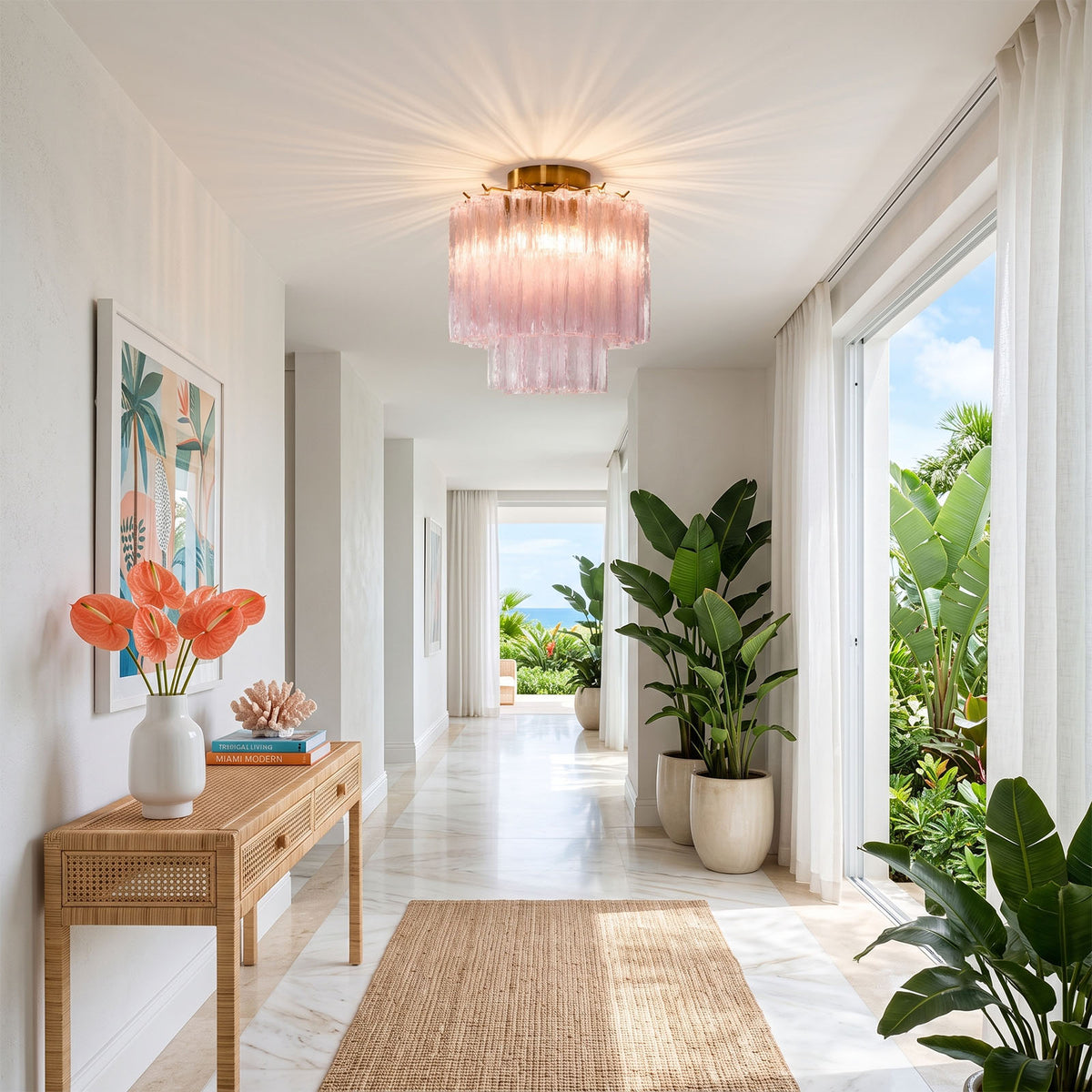 Amabel Dazzling Pink Glass Ceiling Light | Pink Glass and Brass | Displayed in a white hallway corridor above a console table and vase | Severn Lighting